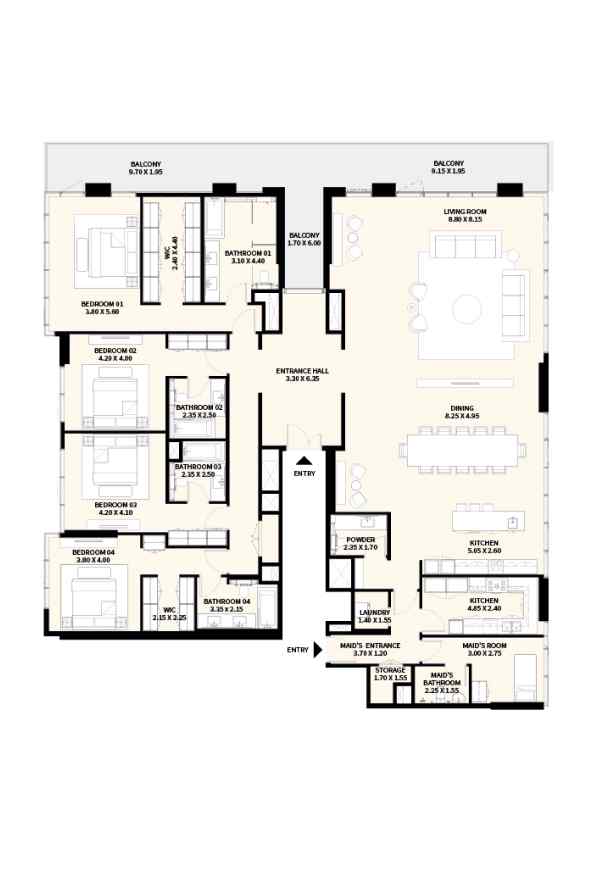 4 Bedrooms Apartment Floor Plan