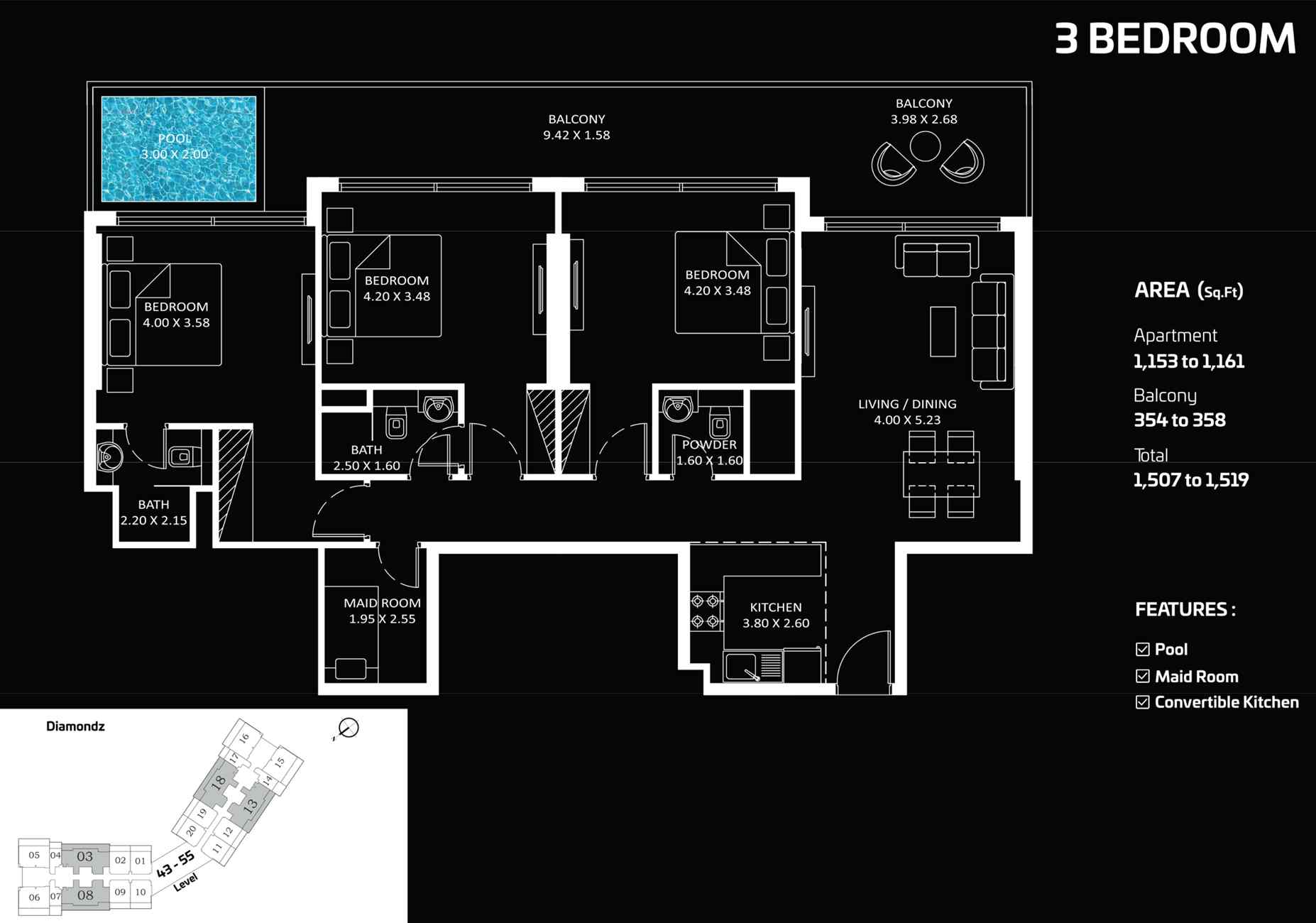3 Bedrooms Apartment Floor Plan