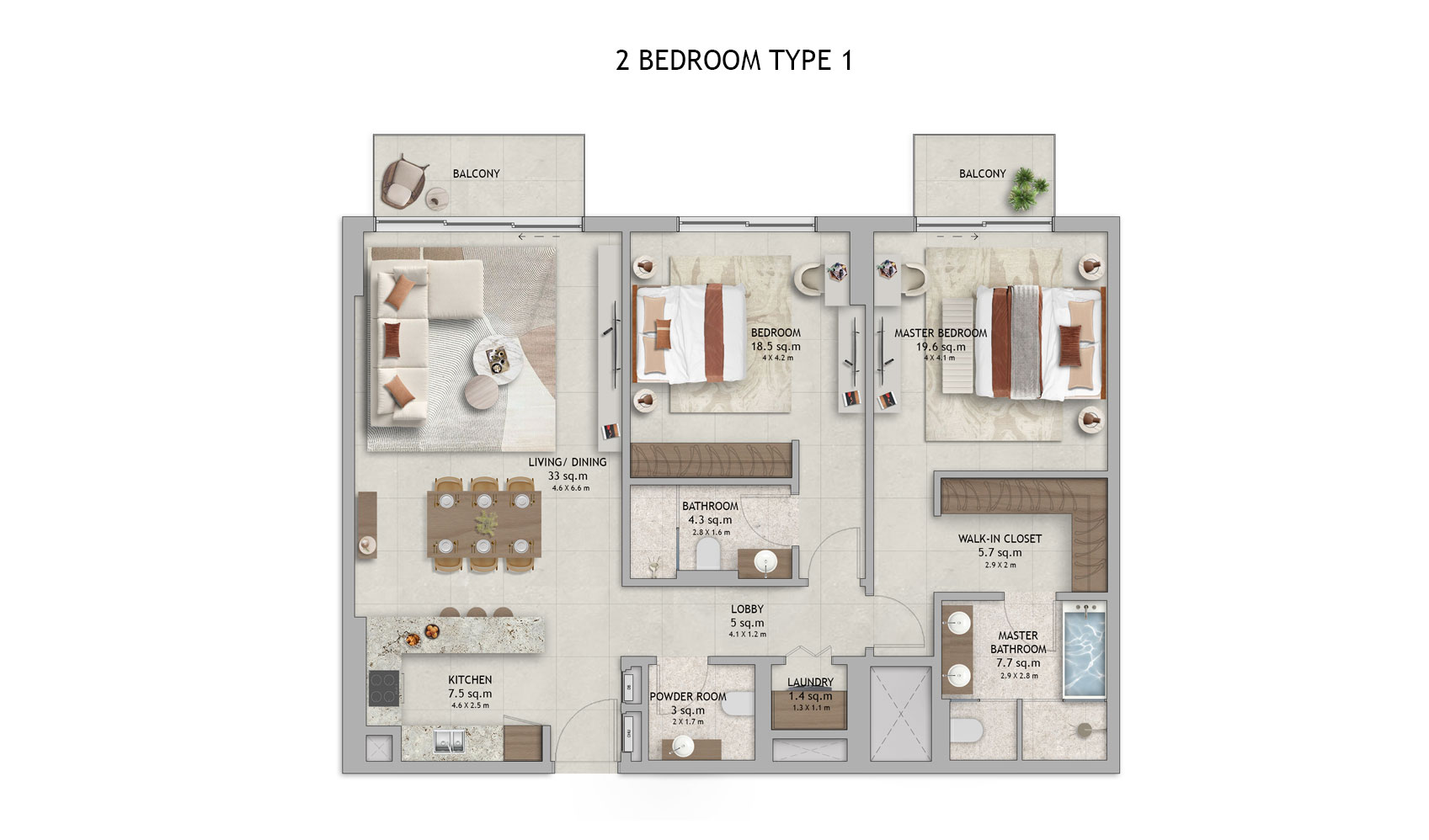 2 Bedrooms Apartment Floor Plan